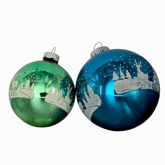 2 VTG Shiny Brite Deer Christmas Tree Ornament Stencil Green Blue Glass Snow MCM - Picture 9 of 14
